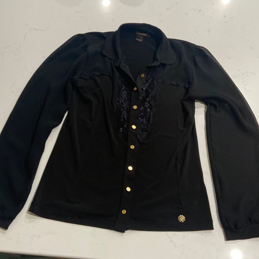Roberto Cavalli XL black sheer and lace blouse ❤️‍🔥 gold buttons